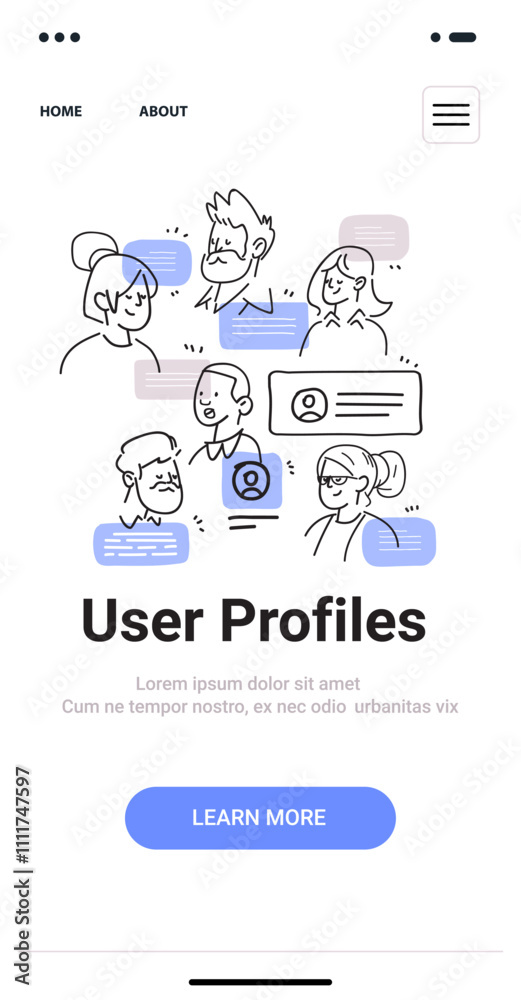 User profiles concept with hand drawn people and chat bubbles on a mobile app screen in minimalist style User profiles concept with hand drawn people and chat bubbles on a mobile app screen in minimalist style