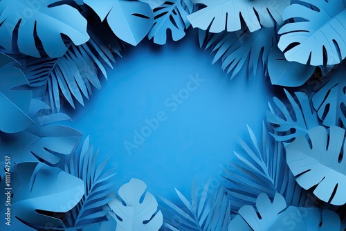 Blue Tropical Leaves Paper Cutout Design, Creative arrangement of blue tropical leaves in a paper cutout style forming a frame on a vibrant blue background.

