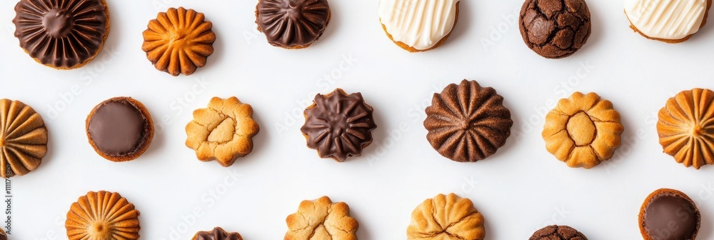 An elegant arrangement of diverse cookies and sweets on a clean white background, inviting creativity and personalization in the blank area. Generative AI An elegant arrangement of diverse cookies and sweets on a clean white background, inviting creativity and personalization in the blank area. Generative AI