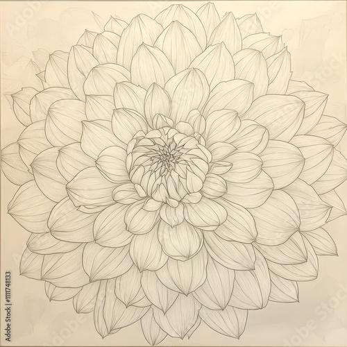 Intricate black-and-white illustration of a dahlia flower, showcasing detailed petal designs, Ideal for use in floral-themed projects, coloring books, or graphic design applications,