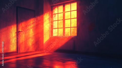 A room with a window that is letting in the sun