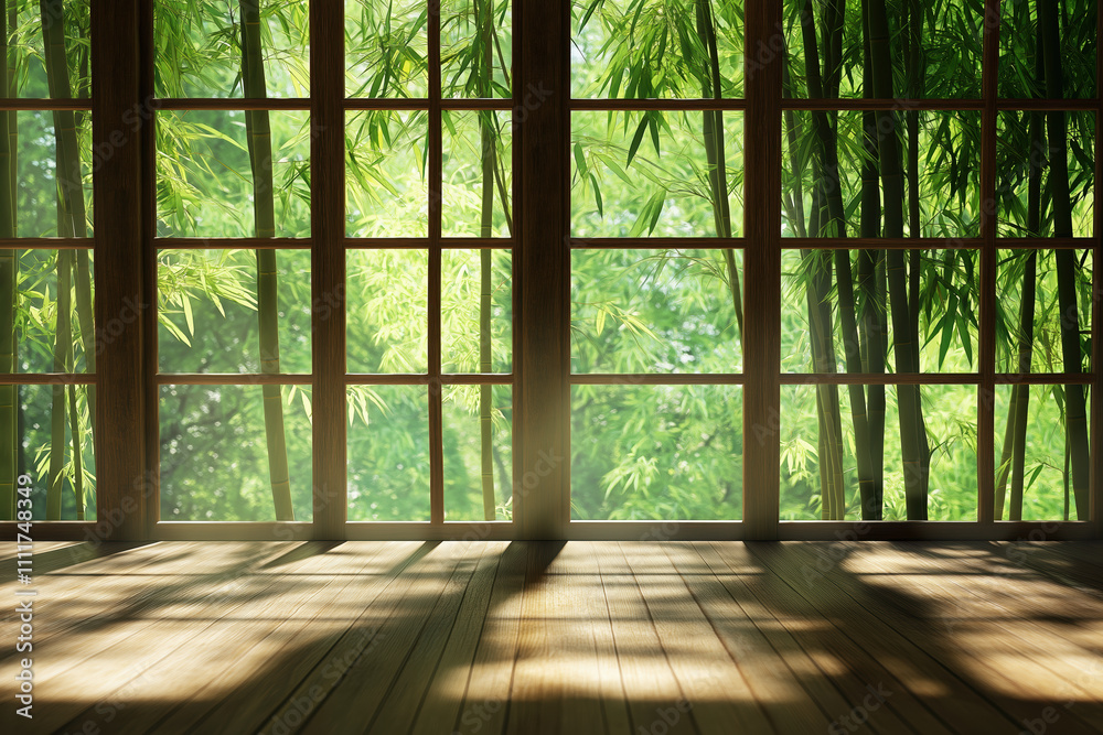 Serene Bamboo View Through Sunlit Wooden Windows in Japanese Interior Serene Bamboo View Through Sunlit Wooden Windows in Japanese Interior