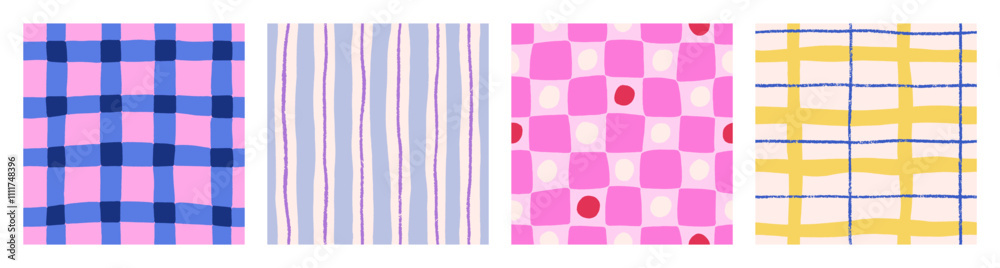 Seamless checkered and striped patterns set. Hand-drawn designs with geometric prints, grids. Modern trendy backgrounds, abstract textures for textile, wrapping. Colored flat vector illustration