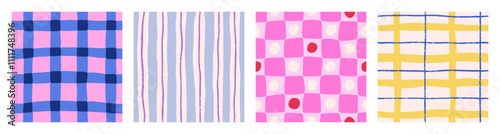 Seamless checkered and striped patterns set. Hand-drawn designs with geometric prints, grids. Modern trendy backgrounds, abstract textures for textile, wrapping. Colored flat vector illustration