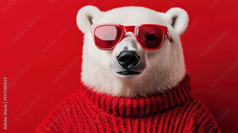 A stylish polar bear wearing red sunglasses and a cozy picture A stylish polar bear wearing red sunglasses and a cozy picture