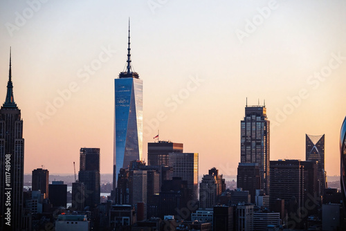 New York City skyline golden hour One World Trade Center