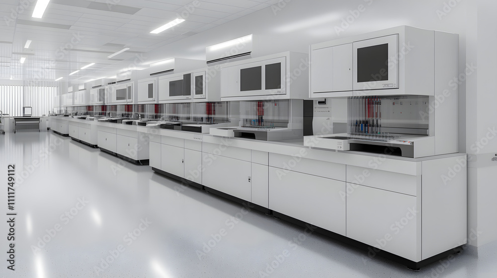 Advanced laboratory with modern equipment for RNA sequencing and vaccine development, showcasing clean and organized workspace Advanced laboratory with modern equipment for RNA sequencing and vaccine development, showcasing clean and organized workspace