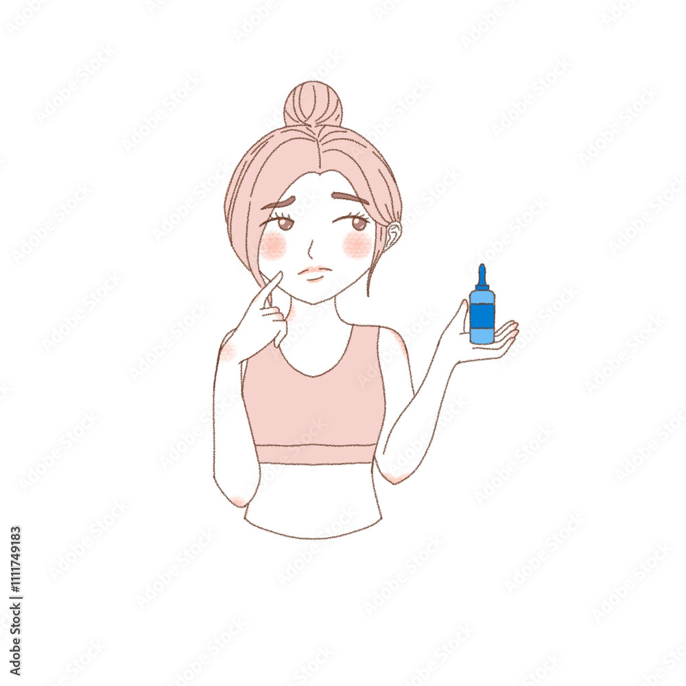 illustration of a curious woman with a serum in her hand illustration of a curious woman with a serum in her hand