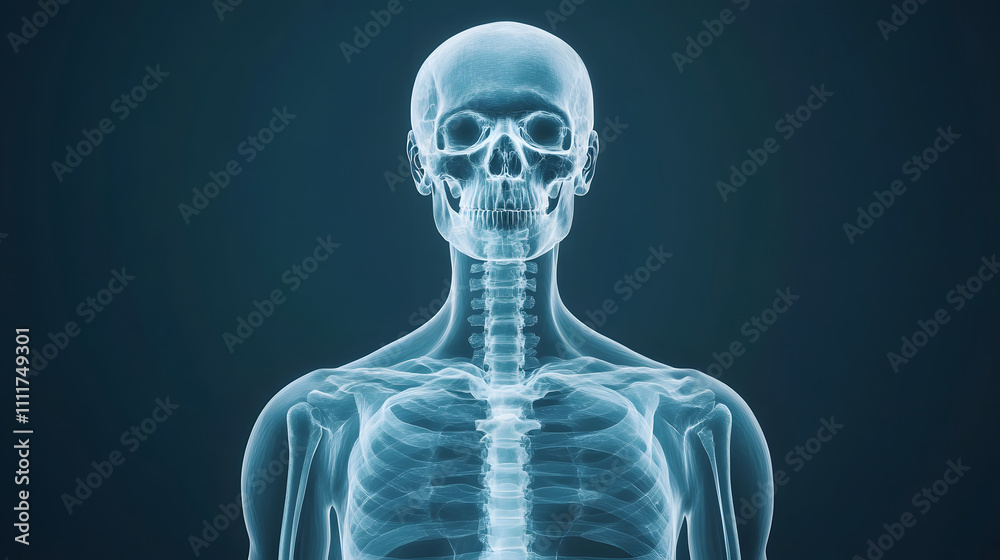 Anatomical skeleton illustration showcasing human skeletal system in detail. This highlights structure and alignment of bones, emphasizing spine and skull Anatomical skeleton illustration showcasing human skeletal system in detail. This highlights structure and alignment of bones, emphasizing spine and skull