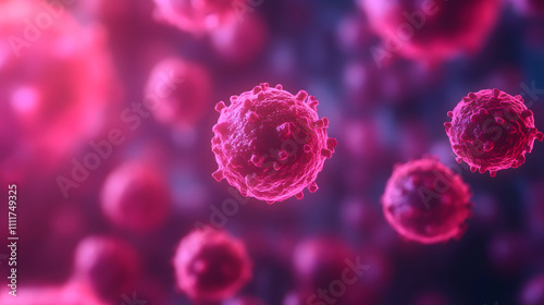 High detail visualization of cancer cells in vibrant pink hues, showcasing their intricate structures and textures. This highlights complexity of cellular biology and importance of cancer research