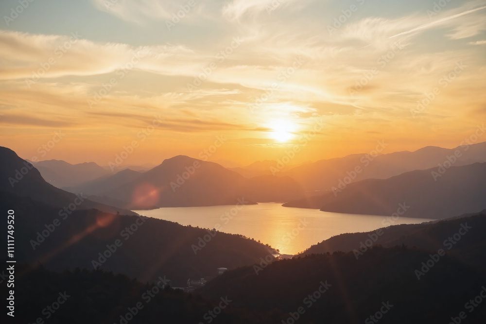 Fototapeta premium Sunset sunrise landscape tranquil lake sea hills mountains sky colors