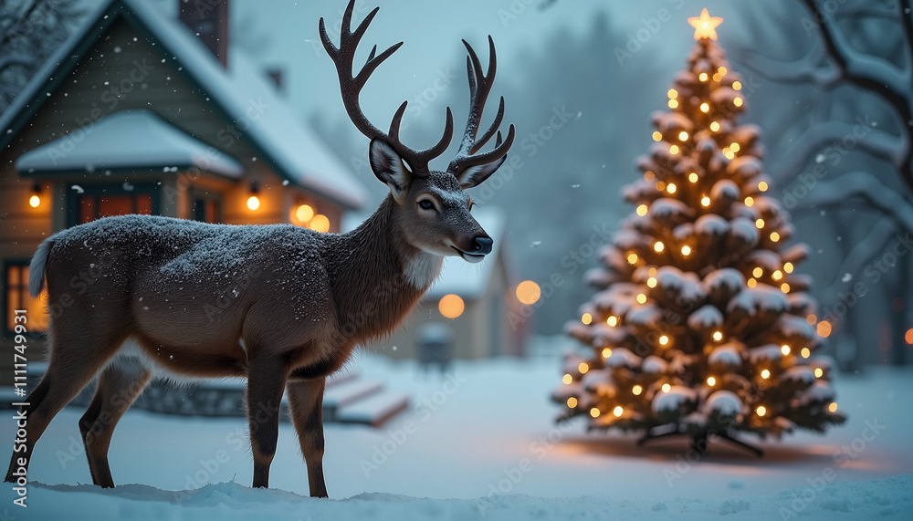 A reindeer stands next to a decorated Christmas tree in a snow-covered village A reindeer stands next to a decorated Christmas tree in a snow-covered village