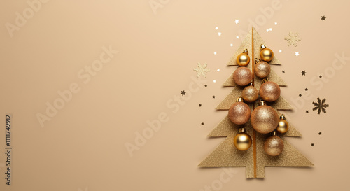  A close-up of a golden Christmas tree with metallic ornaments and festive confetti, set on a warm beige background, exuding a luxurious holiday vibe photo