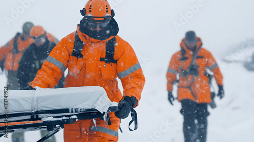 Emergency responders in orange gear carry stretcher through snowy conditions, showcasing teamwork and resilience in harsh weather photo