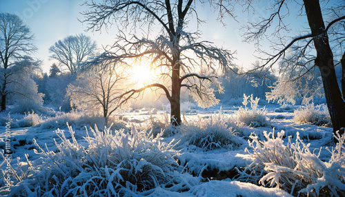 Lever de soleil hivernal en forêt photo