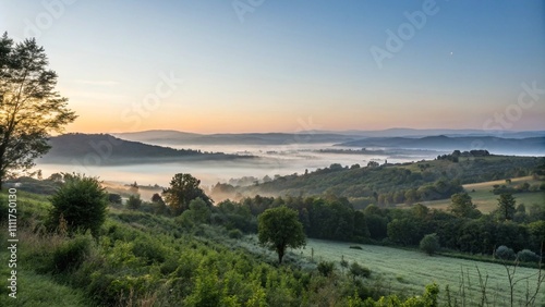 Tranquil sunrise over misty hills with lush greenery and spiritual essence