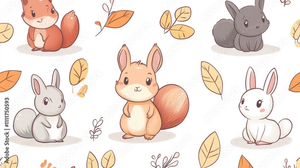 Naklejka premium A whimsical pattern featuring cute cartoon squirrels and rabbits among autumn leaves.