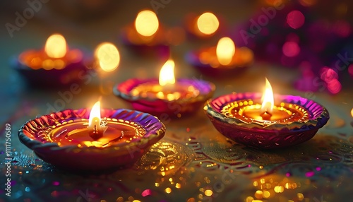 glowing diwali diyas with golden light