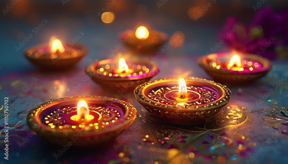 glowing diwali diyas with golden light glowing diwali diyas with golden light