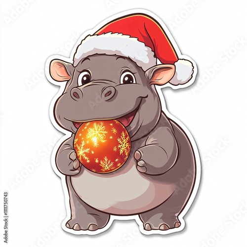 Adorable Hippopotamus in Santa Hat Holding Christmas Ornament photo