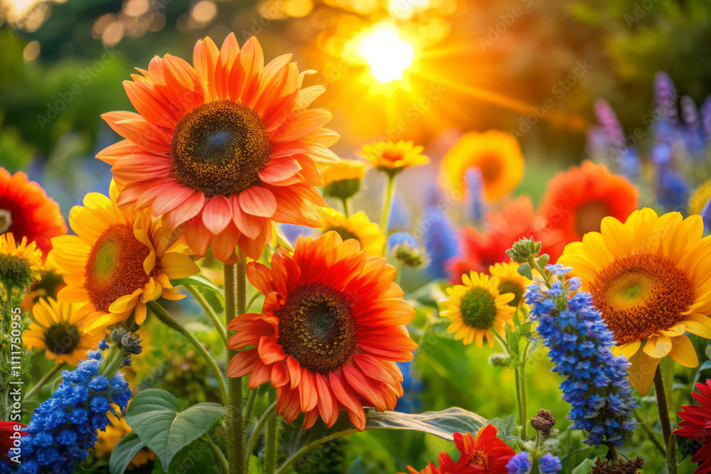 vibrant arrangement of bold coral blooms radiates in sunlit garden, surrounded by colorful flowers and lush greenery, creating lively and cheerful atmosphere vibrant arrangement of bold coral blooms radiates in sunlit garden, surrounded by colorful flowers and lush greenery, creating lively and cheerful atmosphere