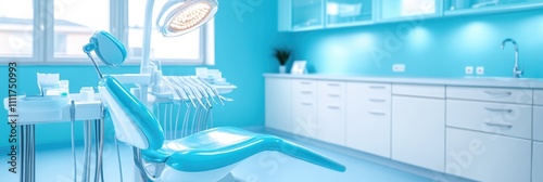 Bright modern dental office with turquoise dental chair and equipment