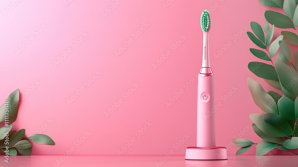 Obraz premium Pink electric toothbrush with green bristles on stylish pink background
