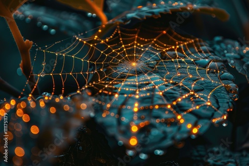 Dewdrops Illuminate A Spiders Web On A Leaf