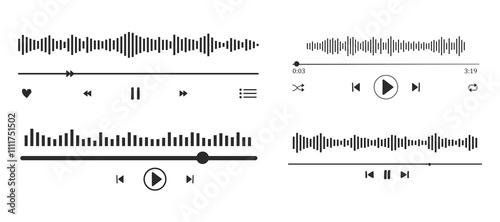 Music or video play interface bar icon, voice record display. Podcast playlist, play button. Song simple equalizer, record.