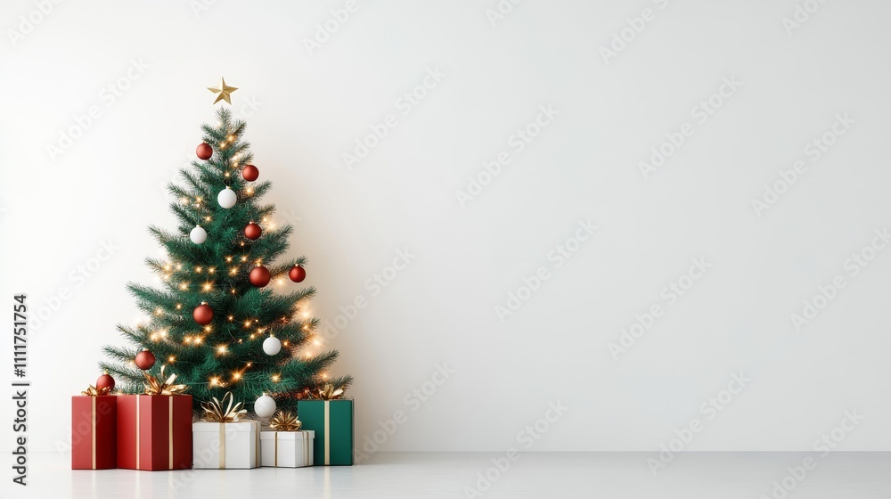 A Christmas tree with red and gold ornaments sits in front of a white wall A Christmas tree with red and gold ornaments sits in front of a white wall