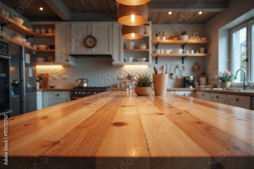 Modern kitchen wooden countertop honey-colored wood polished finish