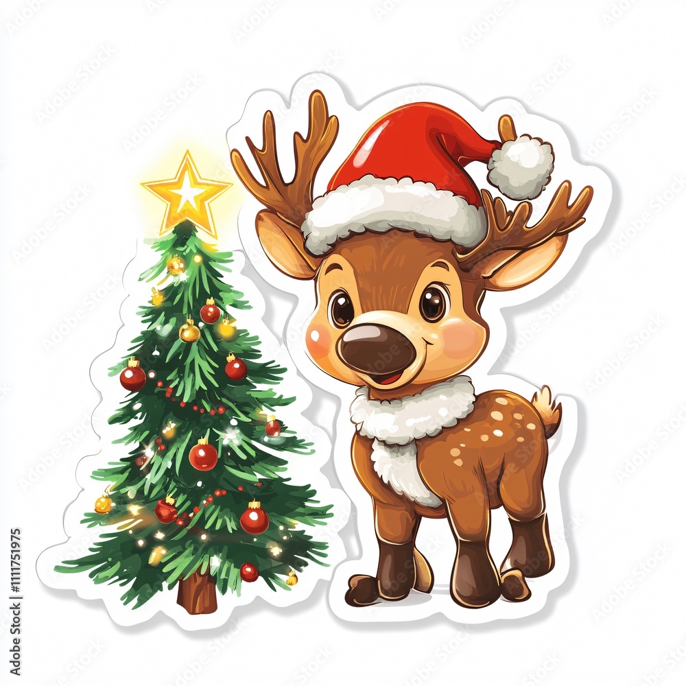 Adorable Christmas Reindeer with Decorated Tree Adorable Christmas Reindeer with Decorated Tree