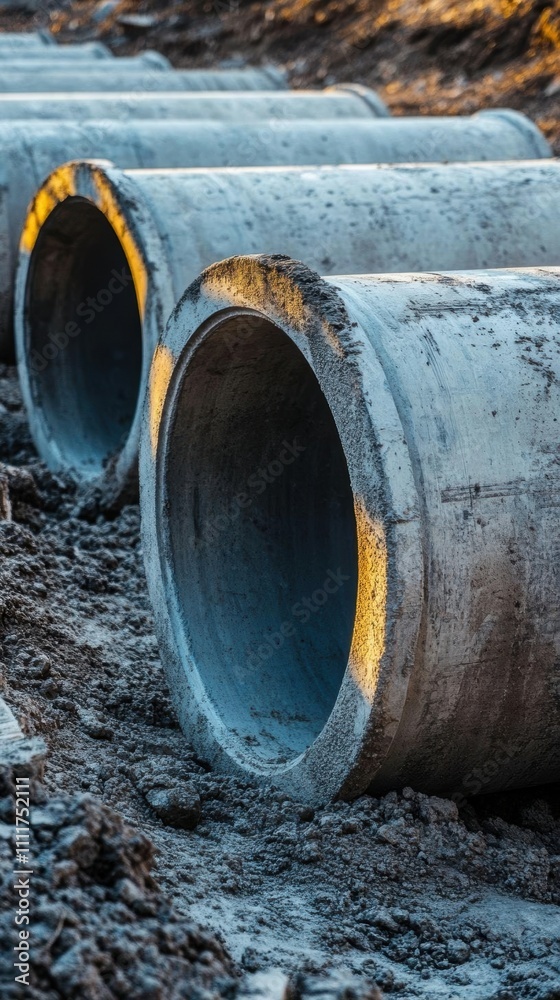 Three large concrete pipes lying on the ground at a construction site. Three large concrete pipes lying on the ground at a construction site.