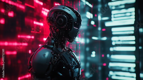 3D humanoid AI robot metaverse cyberspace digital world backdrop, industry 4.0 notion of AI revolution, automated digital technologies.