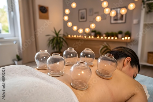 Glass cupping therapy on back. Alternative healing method