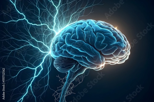 brain model with lightning spark. Cerebral power and intelligence photo