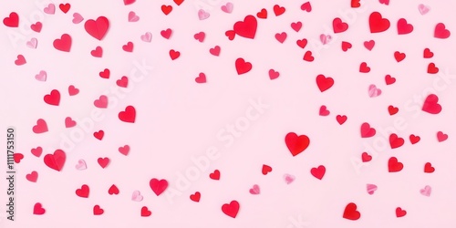 A vibrant pink background adorned with scattered red and pink heart-shaped confetti for a romantic Valentines Day celebration, greeting card, February, relationship