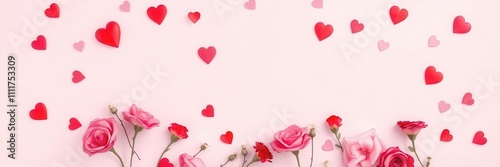 A beautiful and romantic pink background with scattered hearts and flowers, perfect for Valentine's Day, celebration, vibrant, colorful