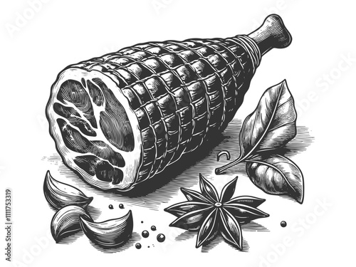 Spanish jamon cured ham surrounded by garlic, spices, and herbs, evoking rustic culinary charm sketch engraving generative ai vector illustration. Scratch board imitation. Black and white image.