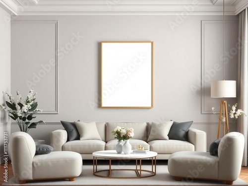 A mockup of a modern wall art piece featured in a stylish living room setting  luxury  cozy
