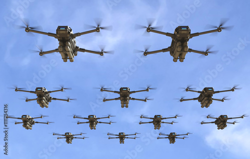 Military drones fly and fire missiles in a war zone, Future war with drone. 3D illustration