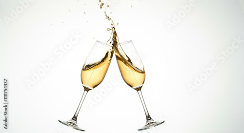 Two champagne glasses clinking with golden sparkling liquid, celebrating joy and special moments