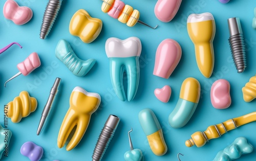 Colorful Dental Tools and Teeth: A Vibrant Dental Care Design , dentist photo series