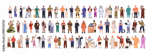 Jobs and professions set. People in uniforms, different occupation, work. Worker, doctor, chef, farmer, business man, cleaner and maid. Flat graphic vector illustrations isolated on white background