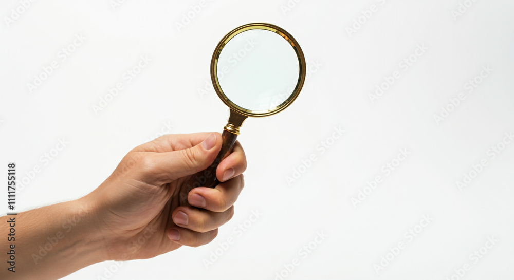 Hand holding a gold-framed magnifying glass with a round lens against a white background Hand holding a gold-framed magnifying glass with a round lens against a white background
