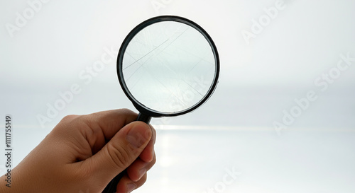 Black-handled magnifying glass with a clean lens, held by a hand against a neutral background photo