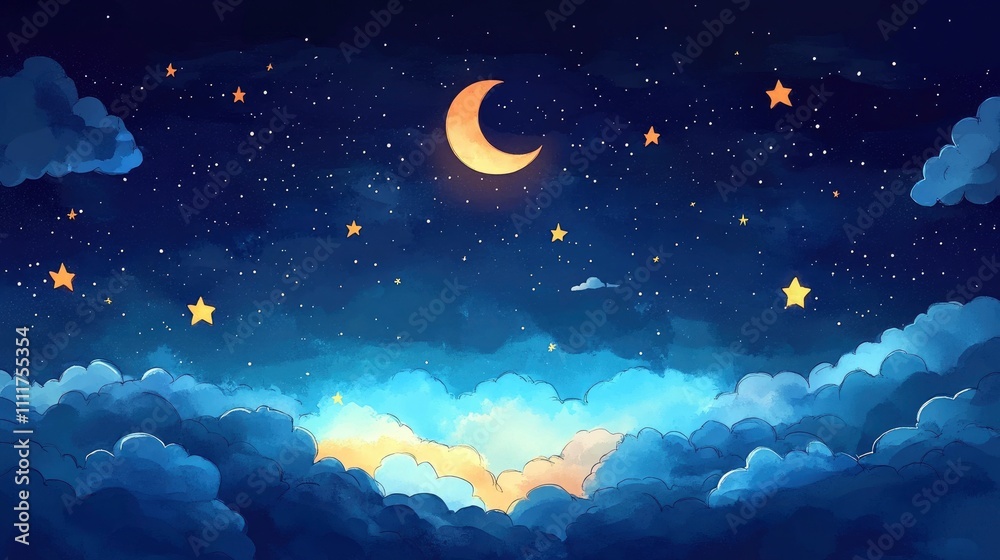 A serene night sky featuring a crescent moon and twinkling stars above soft clouds. A serene night sky featuring a crescent moon and twinkling stars above soft clouds.