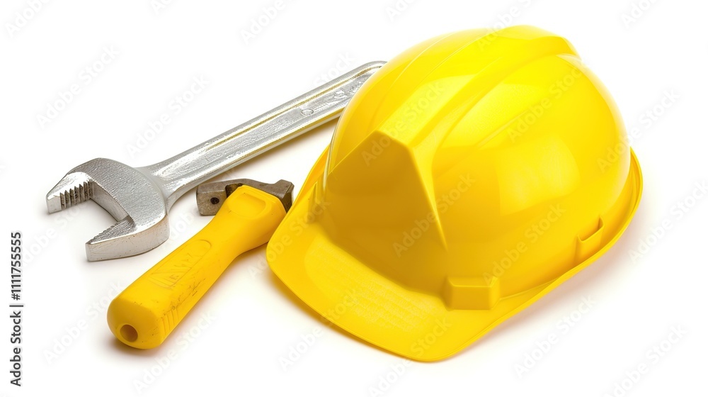 Yellow Hard Hat and Tools - A Symbol of Construction and Work Readiness. The Bright Yellow Hard Hat Paired with Assorted Tools, Representing the Preparedness and Essential Equipment for Construction Yellow Hard Hat and Tools - A Symbol of Construction and Work Readiness. The Bright Yellow Hard Hat Paired with Assorted Tools, Representing the Preparedness and Essential Equipment for Construction
