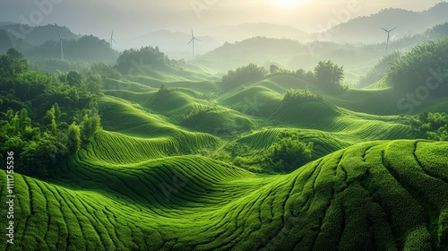 Lush Green Terraced Fields Under Soft Morning Light with Wind Turbines in the Background, Capturing the Beauty of Nature and Sustainable Energy in Rural Landscape