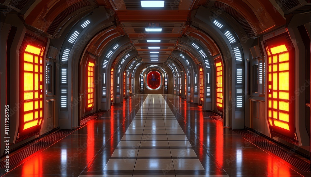 Futuristic Spaceship Corridor With Red Lighting And Doors